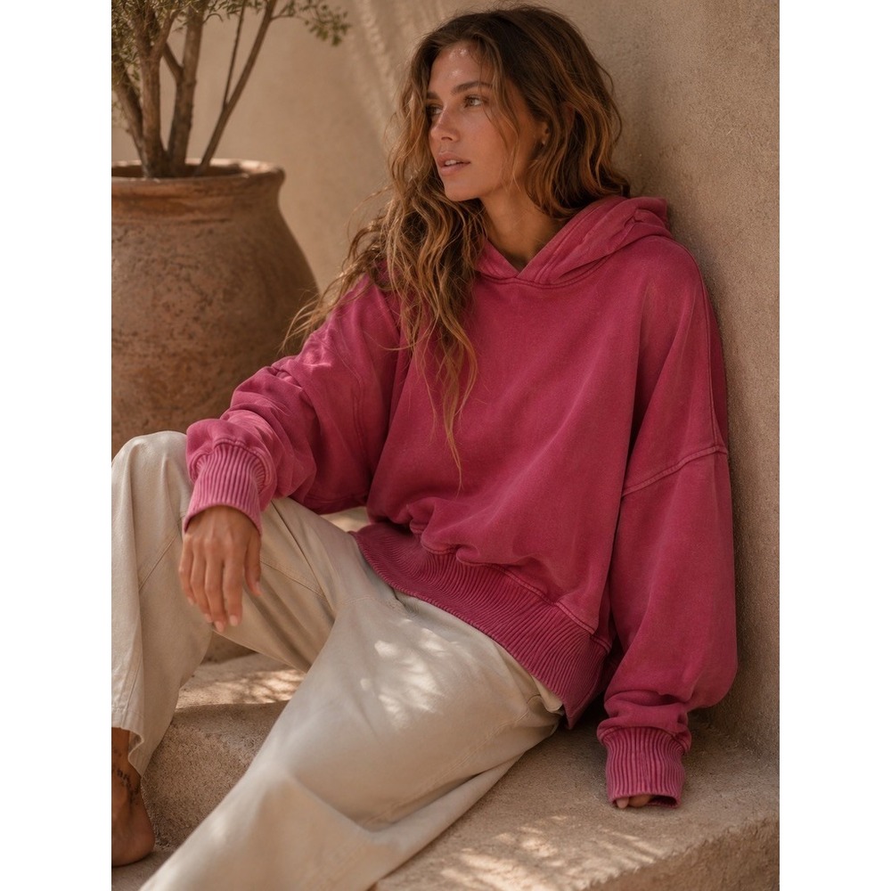 Aerie Womens Oversized Ribbed Hem Hoodie Sweatshirt Rose Pink Oversized Cozy